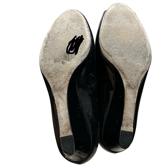 Jimmy Choo Black Patent Leather Peep Toe Wedges Size 40